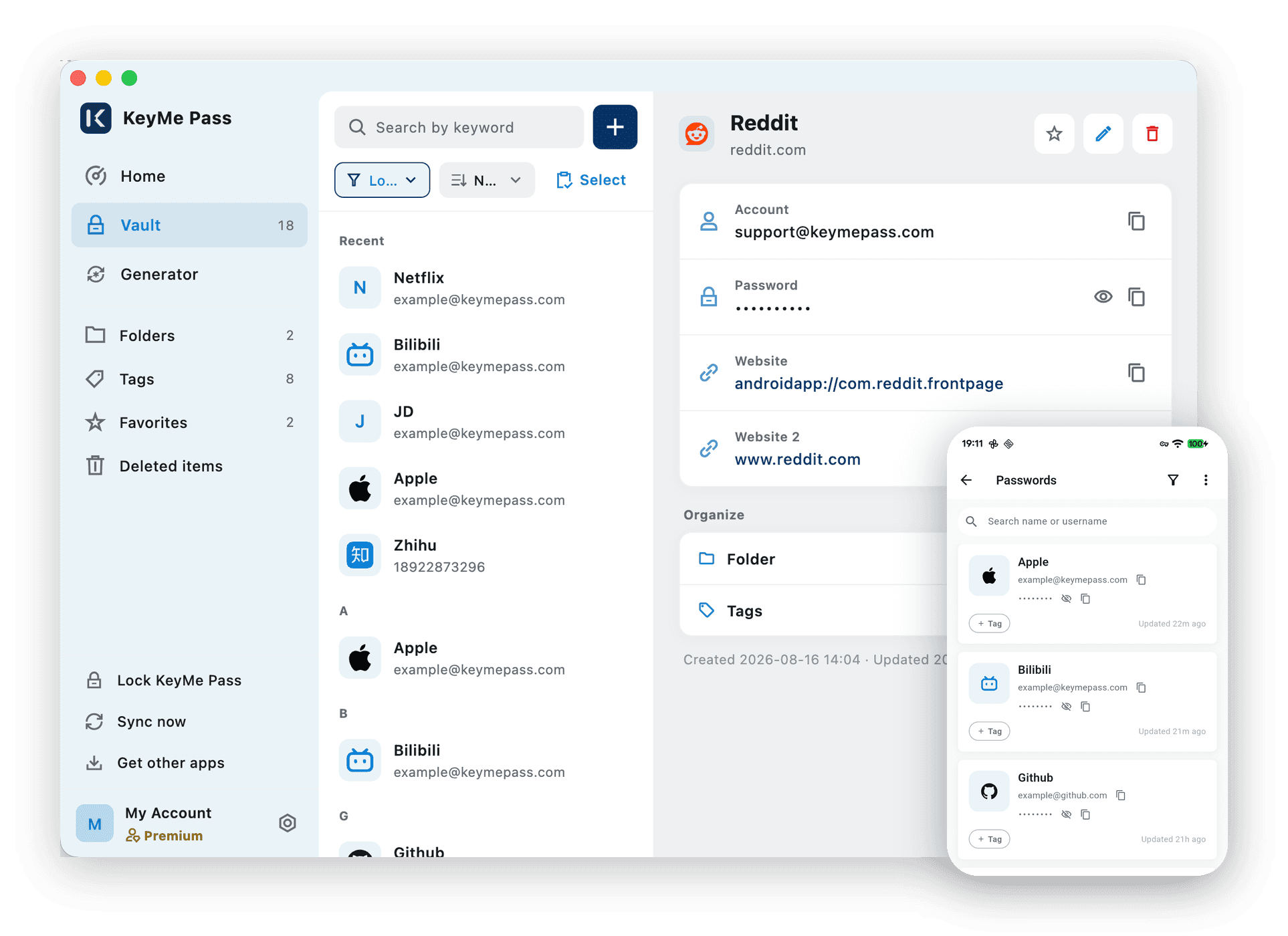 The KeyMe Pass vault, listing saved accounts by category