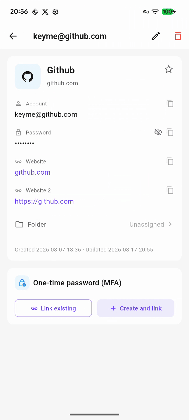 KeyMe Pass password entry detail screen