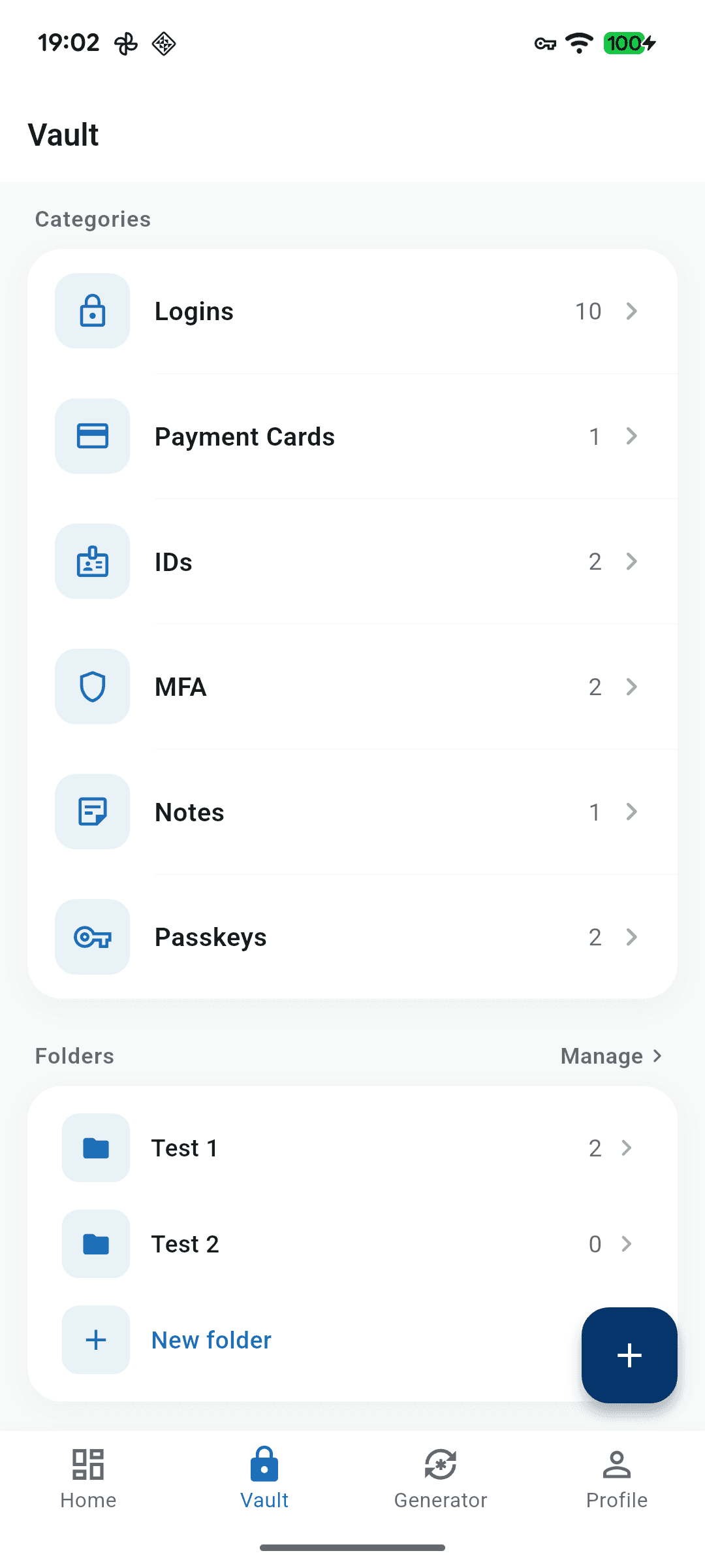 KeyMe Pass vault screen showing categories for logins, payment cards, IDs, MFA, notes and passkeys
